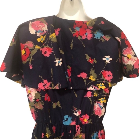 VTG 80’s Deep V Navy Floral Maxi Dress 12/14 Flowy Sleeve Collar Elastic Waist - Picture 6 of 8